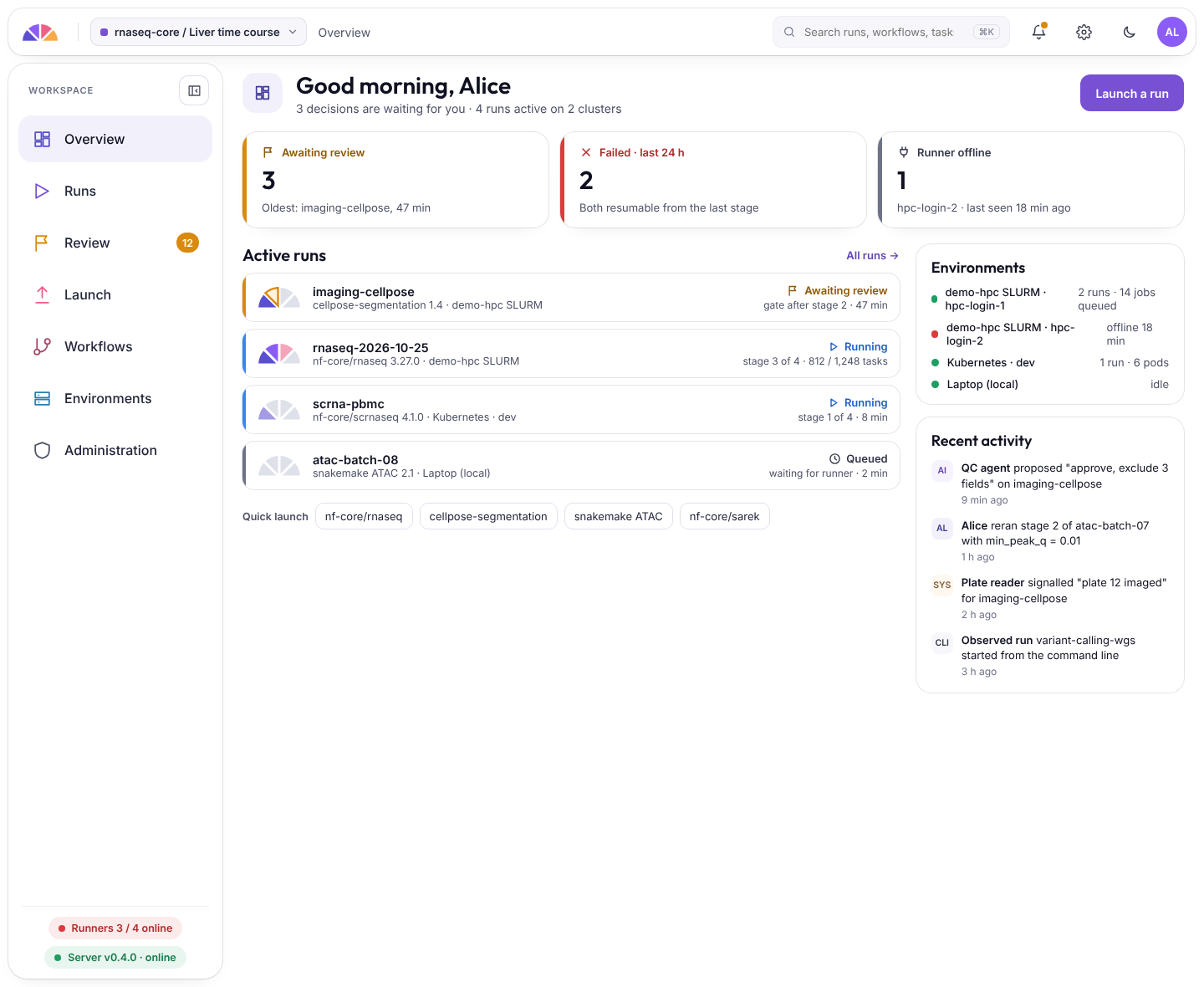 The overview page with runs, gates and environments